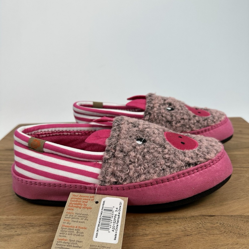 New NWT‎ Big Kids Girls Acorn Critter Novelty Pink Pig Moc Slippers Size 3 - 4